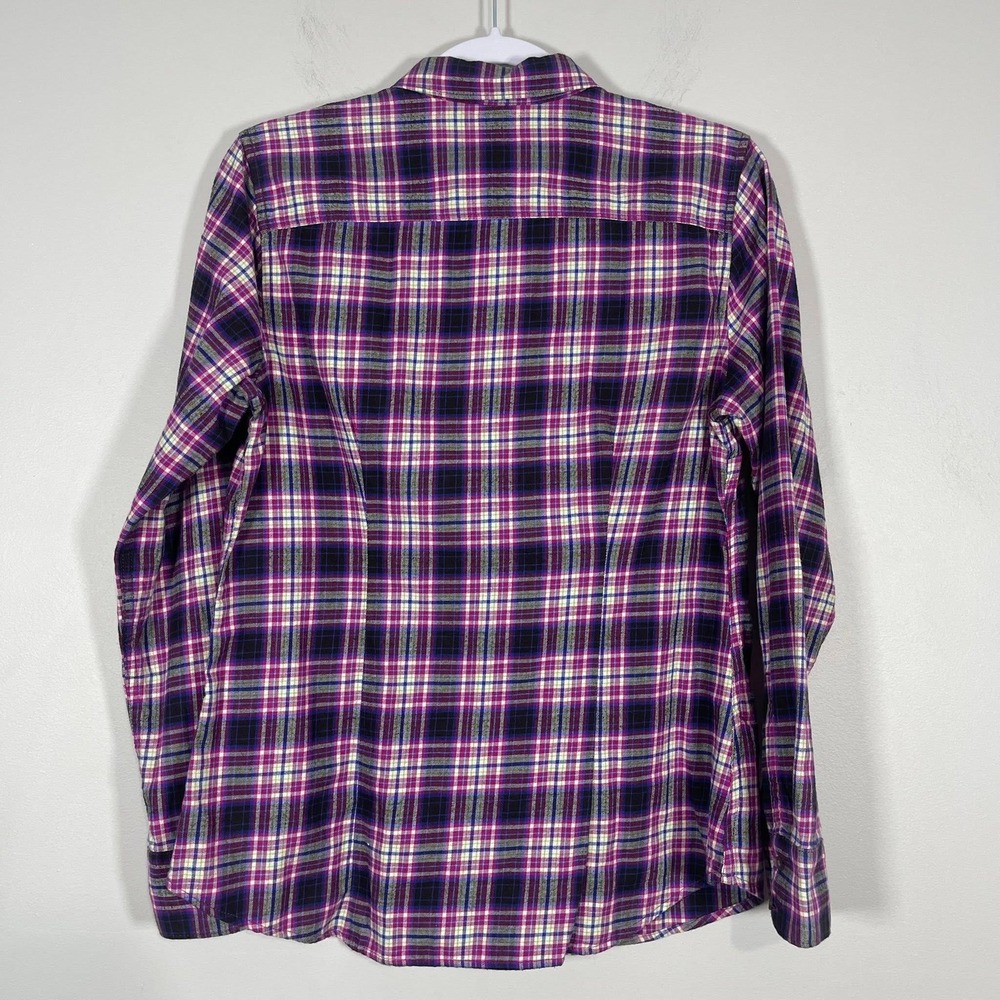 Eddie Bauer Flannel Shirt Womens Medium Blk Purple Plaid Fitted Outdoor Gorpcore - Picture 4 of 7
